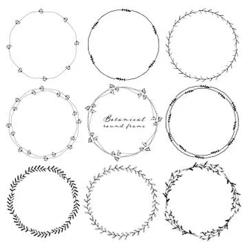 Set of botanical round frame, Hand drawn flowers, Botanical composition, Deco Stock Illustration