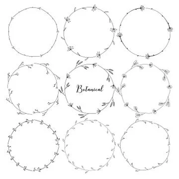 Set of botanical round frame, Hand drawn flowers, Botanical composition, Deco Stock Illustration