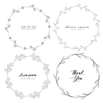 Set of botanical round frame, Hand drawn flowers, Botanical composition, Deco Stock Illustration