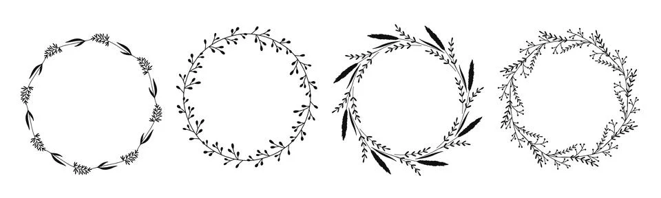 Set of botanical round frames with flowers and herbs イラスト素材