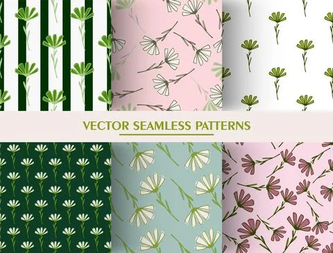 Set of botanical seamless pattern with doodle flower elements. Floral backgro イラスト素材