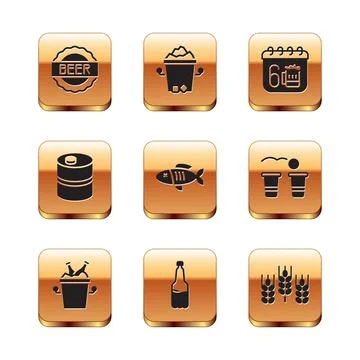 Set Bottle cap with beer, Beer bottles in ice bucket, Plastic, Dried fish, Metal Stock-Illustration