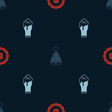 Set Bottle cap, Chicken leg and Glass of beer on seamless pattern. Vector Stock Illustration
