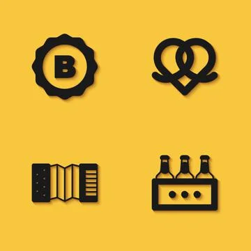 Set Bottle cap, Pack of beer bottles, Accordion and Pretzel icon with long Stock Illustration