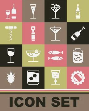 Set Bottle cap, Pickled cucumbers in jar, Opened bottle of wine, Cocktail Stock Illustration