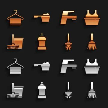 Set Bottle for cleaning agent, Basin with shirt, Feather broom, Toilet brush, Stock Illustration