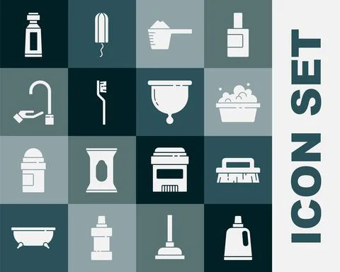 Set Bottle for cleaning agent, Brush, Basin with soap suds, Washing powder Illustration