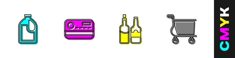 Set Bottle for cleaning agent, Credit card, Whiskey bottle and Shopping cart Stock Illustration