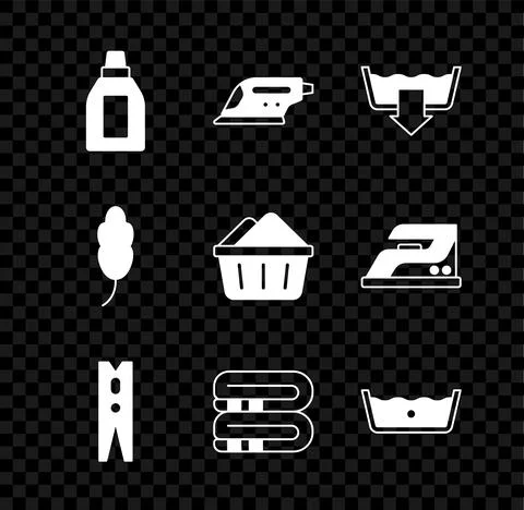Set Bottle for cleaning agent, Electric iron, Washing modes, Clothes pin, Towel イラスト素材