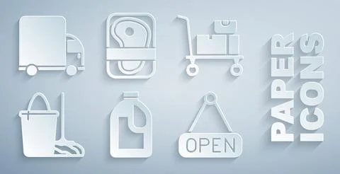 Set Bottle for cleaning agent, Hand truck and boxes, Mop bucket, Hanging sign Stock-Illustration