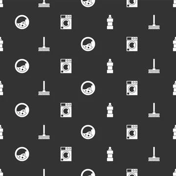 Set Bottle for cleaning agent, Handle broom, Washer and on seamless pattern 스톡 일러스트