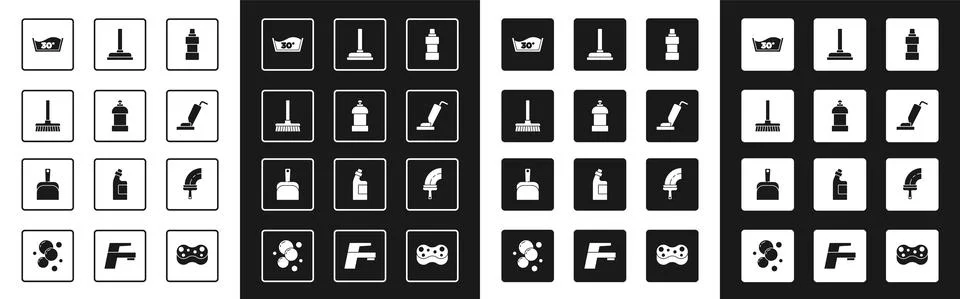 Set Bottle for cleaning agent, Handle broom, Temperature wash, Vacuum cleaner Illustration