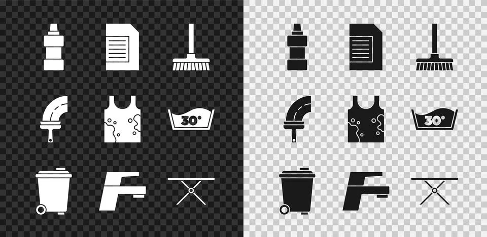 Set Bottle for cleaning agent, Laundry detergent, Handle broom, Trash can, Water Illustration