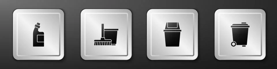 Set Bottle for cleaning agent, Mop and bucket, Trash can and icon. Silver square Stock-Illustration