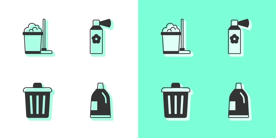 Set Bottle for cleaning agent, Mop and bucket, Trash can and Air freshener spray Stock-Illustration