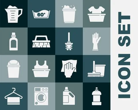 Set Bottle for cleaning agent, Mop and bucket, Rubber gloves, Bucket with foam Stock-Illustration