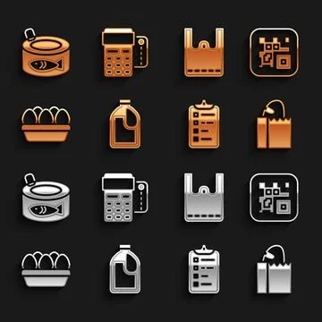Set Bottle for cleaning agent, QR code, Paper bag with bread loaf, Shopping.. イラスト素材