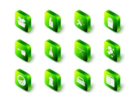 Set Bottle for cleaning agent, Rubber cleaner windows, Trash can, Soap water Stock Illustration