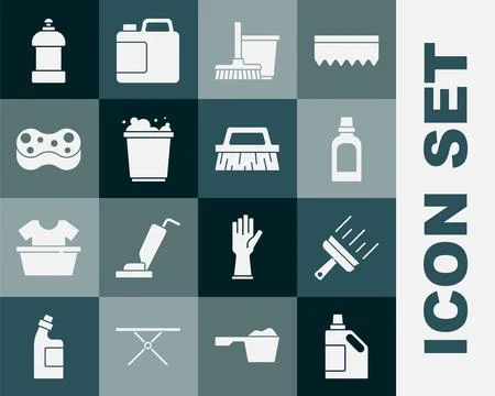 Set Bottle for cleaning agent, Rubber cleaner windows, Mop and bucket, Buck.. Stock-Illustration