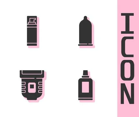 Set Bottle for cleaning agent, Shaving gel foam, Epilator and Condom icon Stock-Illustration