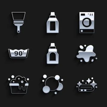 Set Bottle for cleaning agent, Soap water bubbles, Towel stack, Water spill Stock Illustration