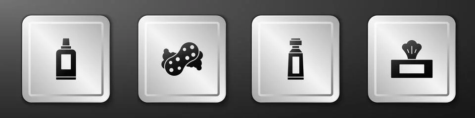 Set Bottle for cleaning agent, Sponge, Tube of toothpaste and Wet wipe pack icon 库存插图