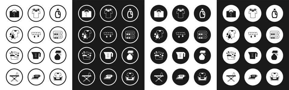 Set Bottle for cleaning agent, Squeeze clothes, Dirty t-shirt, T-shirt, Towel Stock Illustration