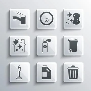 Set Bottle for cleaning agent, Trash can, Air freshener spray bottle, Vacuum  Stock Illustration