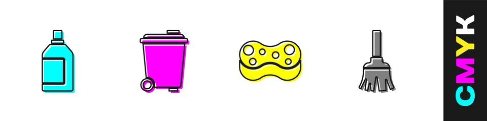 Set Bottle for cleaning agent, Trash can, Sponge and Feather broom icon. Vector Stock Illustration