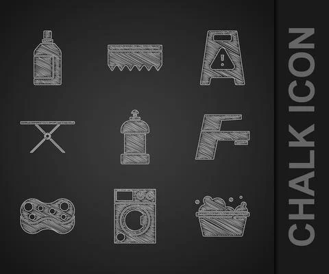 Set Bottle for cleaning agent, Washer, Basin with soap suds, Water tap, Sponge 库存插图