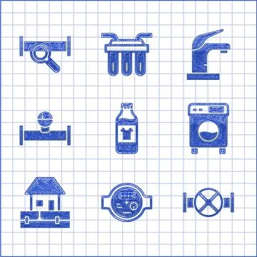 Set Bottle for cleaning agent, Water meter, Industry pipe and valve, Washer.. Stock Illustration