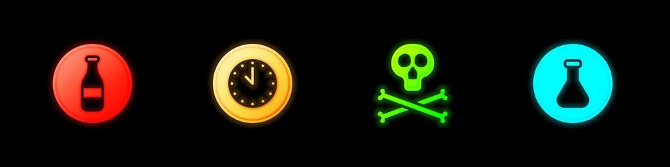 Set Bottle, Clock, Bones and skull warning and Test tube flask icon. Vector 스톡 일러스트