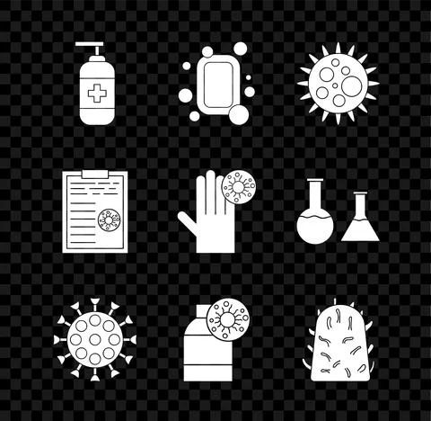 Set Bottle of liquid antibacterial soap, Bar, Virus, with virus, Rabies Stock Illustration