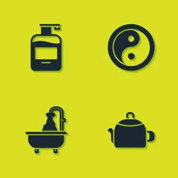 Set Bottle of liquid soap, Kettle with handle, Bathtub and Yin Yang icon. Vec Illustration