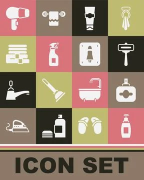 Set Bottle of liquid soap, Perfume, Shaving razor, Tube toothpaste, Cleaning  Illustration