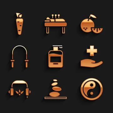 Set Bottle of liquid soap, Stack hot stones, Yin Yang, Cross hospital medical 스톡 일러스트