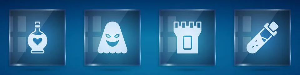 Set Bottle with love potion, Ghost, Castle tower and . Square glass panels Ilustración de archivo