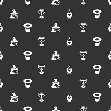 Set Bottle with love potion, Magic hat, Witch and Medieval goblet on seamless Stock Illustration