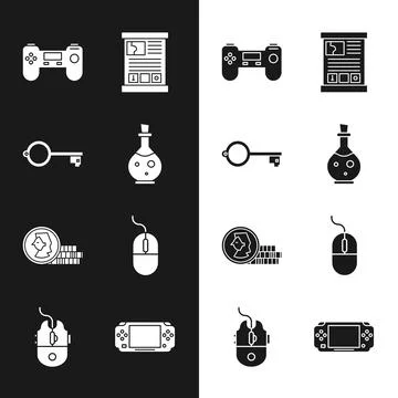 Set Bottle with magic elixir, Ancient key for game, Gamepad, guide, Coin Stock Illustration