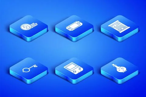 Set Bottle with magic elixir, Coin for game, Portable video console, Ancient key Stock Illustration