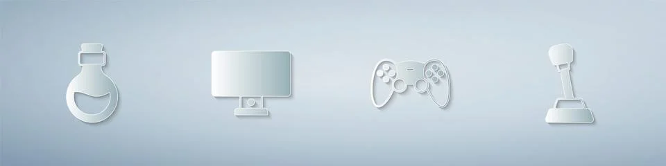 Set Bottle with magic elixir, Computer monitor, Game controller joystick and  库存插图