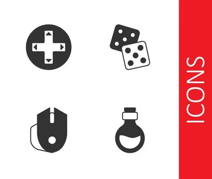 Set Bottle with magic elixir, Game controller or joystick, Computer mouse and Illustrazione stock