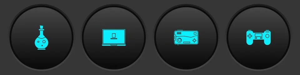 Set Bottle with magic elixir, Laptop, Mobile and playing in game and Gamepad Illustrazione stock
