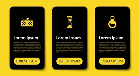 Set Bottle with magic elixir, Old hourglass and Game controller or joystick.  Stock Illustration