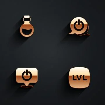 Set Bottle with magic elixir, Power button,  and Level game icon with long sh Illustrazione stock