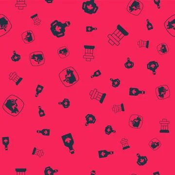 Set Bottle of maple syrup, Canada and Inukshuk on seamless pattern. Vector Illustrazione stock