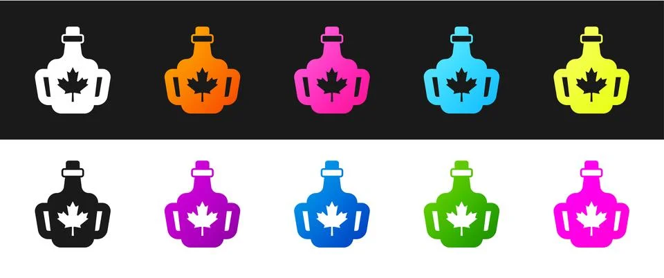 Set Bottle of maple syrup icon isolated on black and white background.  Vecto Stock Illustration