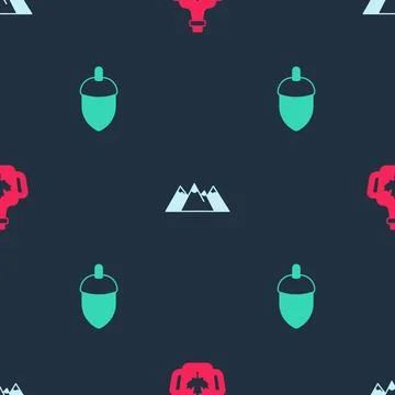 Set Bottle of maple syrup, Mountains and Acorn on seamless pattern. Vector Stock Illustration