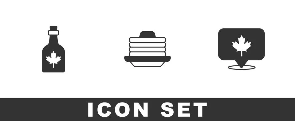 Set Bottle of maple syrup, Stack pancakes and Canadian leaf icon. Vector 库存插图