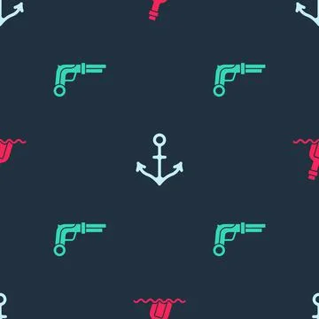 Set Bottle with message in water, Anchor and Vintage pistols on seamless pattern Stock Illustration